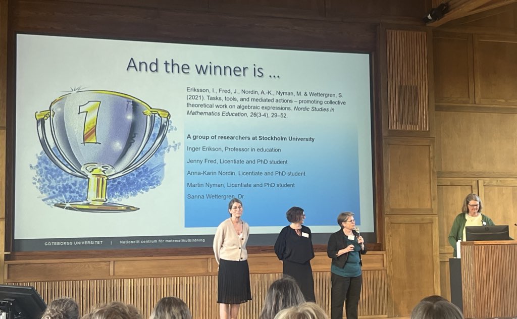 Vår artikel ”Tasks, tools, and mediated actions – promoting collective theoretical work on algebraic expressions” från vårt skolfi-projekt är vinnare av tidskriften NOMADs awards of best paper 2020-2022! 
Här finns länk till artikeln: ncm.gu.se/nomad-best-pap…
#skolfi