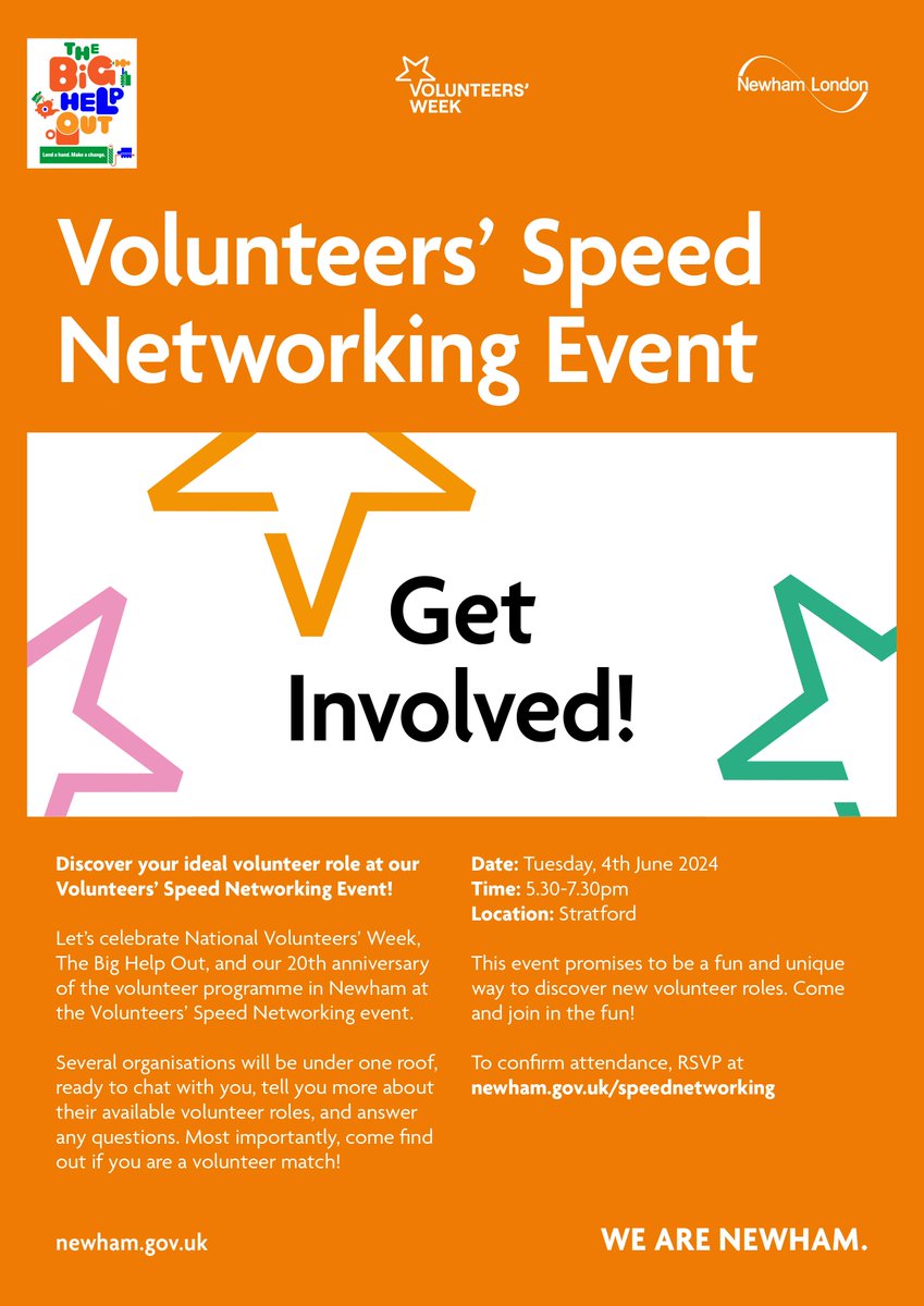 HW_Newham's tweet photo. Happening today in Newham!
.
Discover your next volunteering role, at the Volunteer Speed Networking Event.
.
Where - 2 Gerry Raffles Square E15 1BG.
When - 4th June, 5:30 - 7:30
.
For more details please refer to the flyer below.
.
#lendahand #uniquelyus #VolunteersWeek https://t.co/RcjIHXhfr4