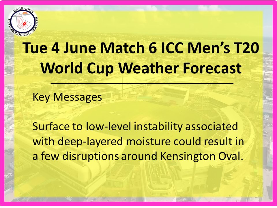 services84195's tweet photo. Tue 4 June - Match 6 ICC Men’s T20 World Cup
Air Temperature: 30 C
Apparent Temperature: 42 C
Winds: Moderate southeasterly breeze from 28 to 37 km/h 
Weather: Mostly cloudy with breaks of sunshine occasional light to moderate showers and a slight chance of isolated thunderstorms https://t.co/Ri56x8hfm3