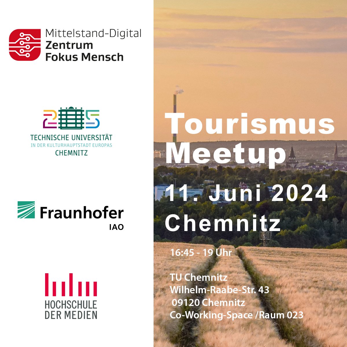 Am 11.06. laden wir zu unserem ersten Tourismus-Meetup in #Chemnitz ein. Der Fokus liegt dabei auf den Themen wertezentrierte #Digitalisierung, Menschzentrierte #Innovation und Gestaltung und #Wellbeing im #Tourismus. Jetzt anmelden: shorturl.at/IahrB
