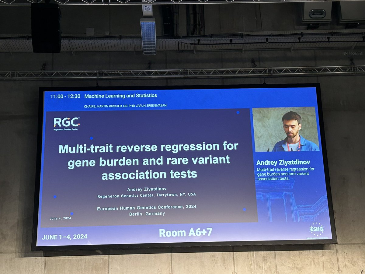 Next up <a href="/covariani/">Andrey Ziyatdinov</a> #ESHG24 talking about MultiPhen reverse regression for rare variants model accounts for pop structure, relatedness and polygenicity 
 <a href="/RegeneronDNA/">Regeneron Genetics Center</a> @Timothy71925406 <a href="/marchini/">Jonathan Marchini</a>