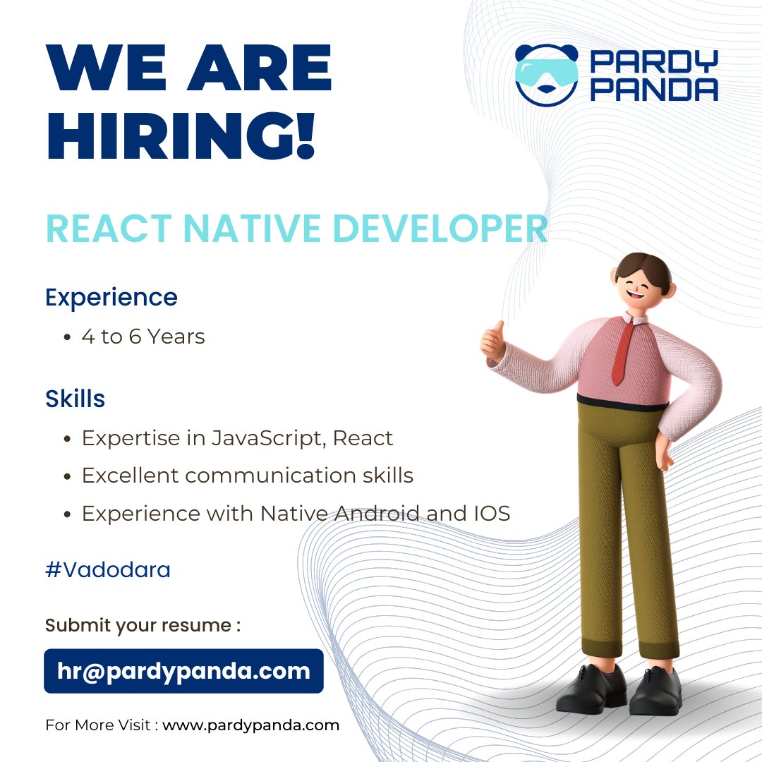 PardyPanda's tweet image. 🚀 Join Pardy Panda Studios Pvt. Ltd. as a Senior React Native Developer (4-6 Years)! 🌟 We&apos;re looking for a seasoned professional to drive the development of innovative mobile applications. 
Apply now: hr@pardypanda.com 📧

#Hiring #ReactNativeDeveloper #pardypanda