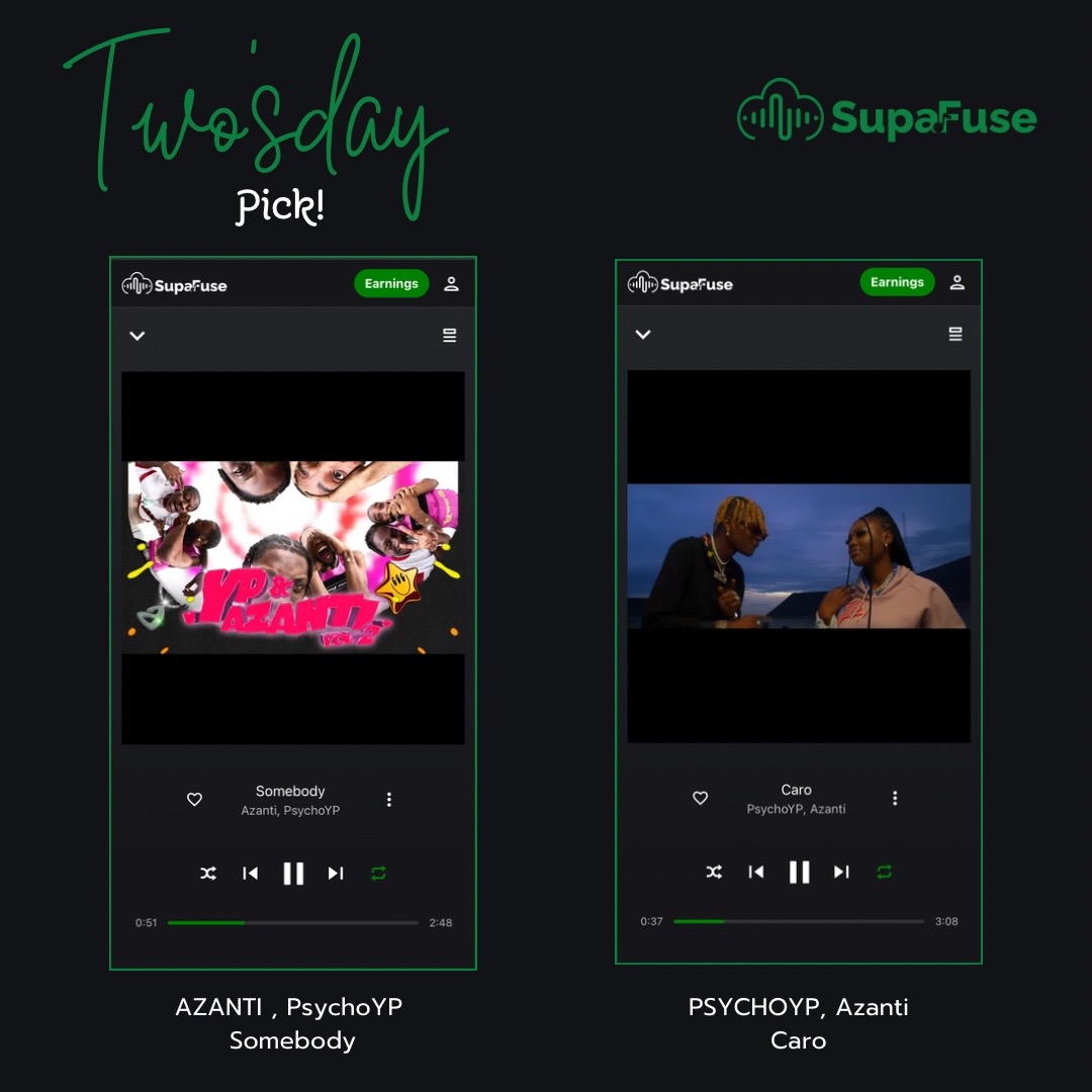 SupaFuseHQ's tweet photo. Because it's TUESDAY !! ๐โจ
Here's our Twosday Pick;
Music Duo: Azanti & PsychoYP
Which one do you prefer form this Duo?
โข Somebody
โข Caro
#supafuse #caro #azanti #psychoyp https://t.co/haA4SWwssM