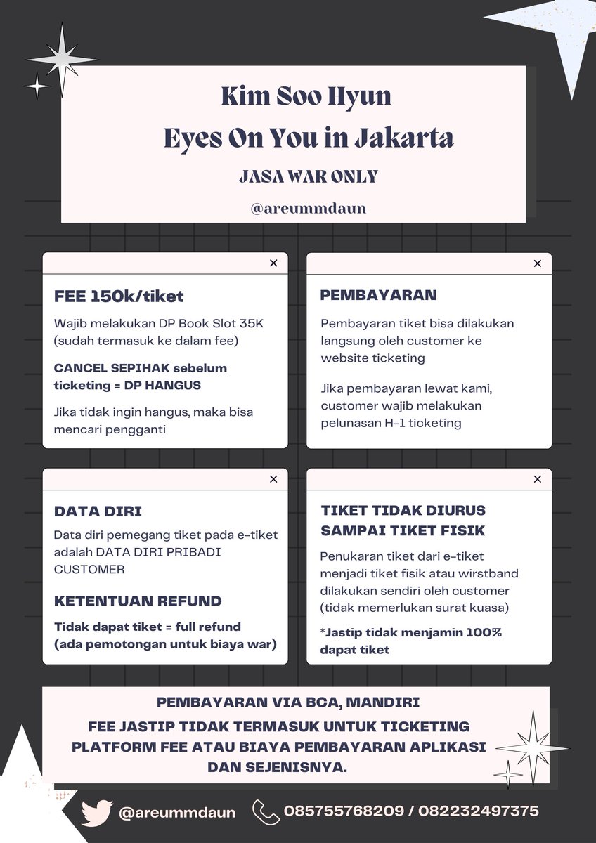 areummdaun's tweet photo. <<OPEN JASTIP>>

Kim Soo Hyun Asia Tour [Eyes On You] in Jakarta

JASA WAR
▪︎Fee 150k/tix
▪︎Trusted 100% (testi 📌)
▪︎Pakai Data Diri Customer
▪︎Self payment

Booking/questions? WA admin!

#EyesOnYou #KimSooHyun https://t.co/9ZHoH6Hfvf
