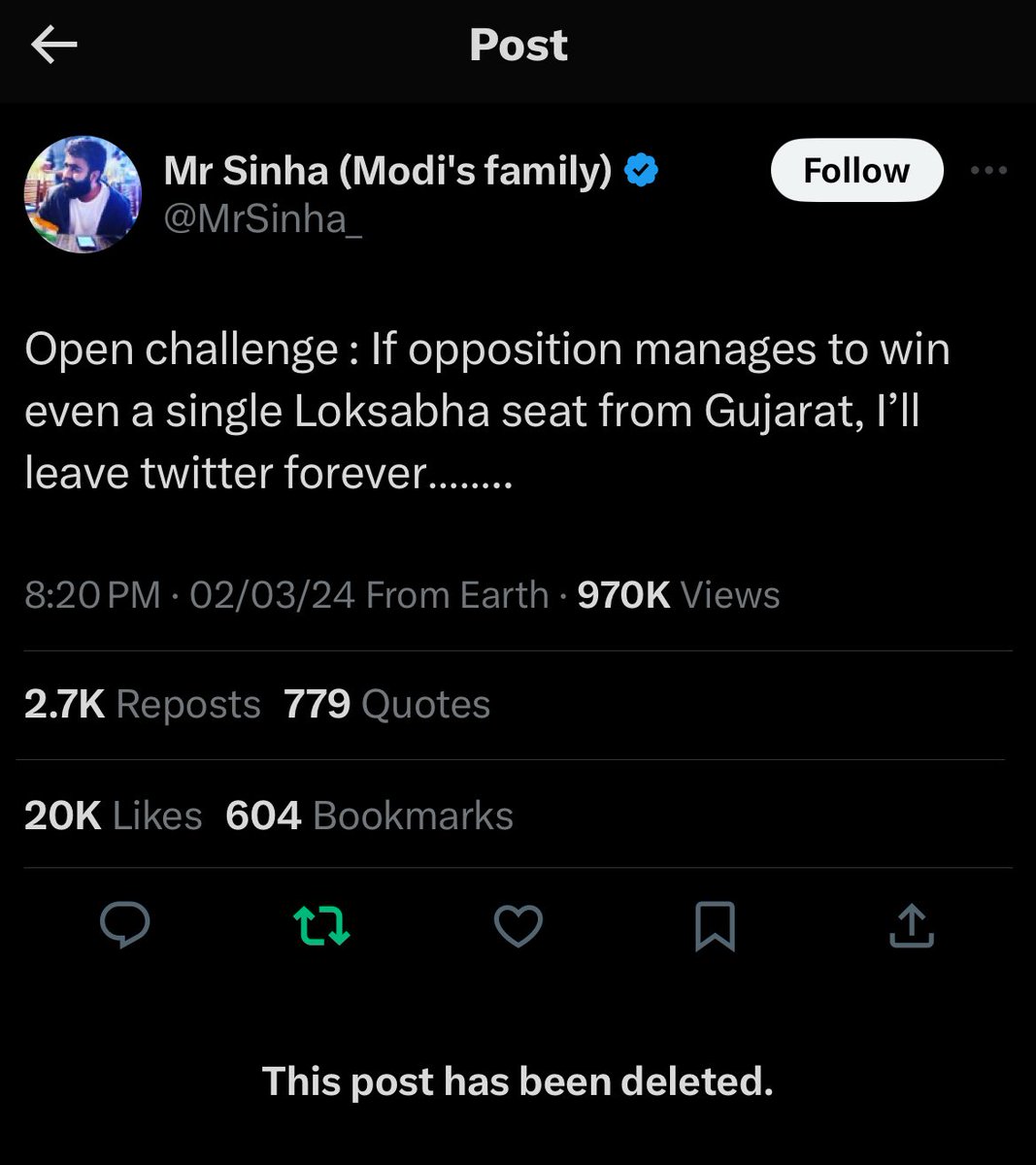 DrNimoYadav's tweet image. 100 b@@p ki aulaad @MrSinha_ has deleted this tweet as INC won seat in Gujarat 😭🤣

Share this tweet everywhere
#ElectionsResults