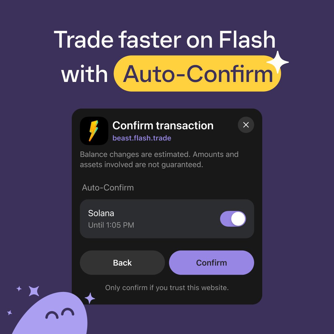 phantom's tweet photo. Auto-Confirm is live for @flashtrade ⚡️

Trade perps instantly—without approving transactions one by one.

Opt-in now to get started ⚡ https://t.co/P0W1RmiKpe