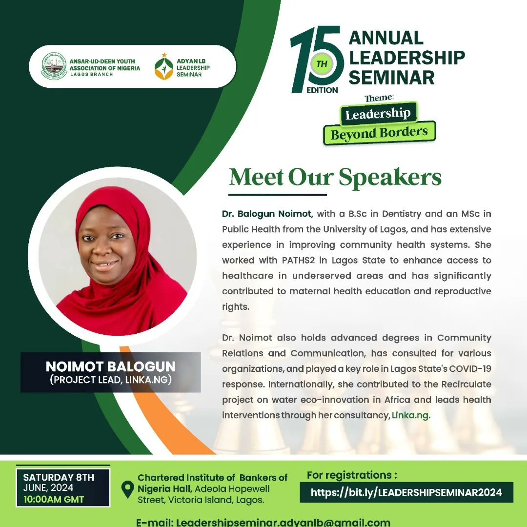 AdyanLB's tweet image. Meet Our Speaker - 
 Dr Balogun Noimot,
Project Lead, Linka.NG

For participation, register at
bit.ly/LEADERSHIPSEMI…

#ADYANLB
#LEADERSHIPSEMINAR
#LEADERSHIPBEYONDBORDERS