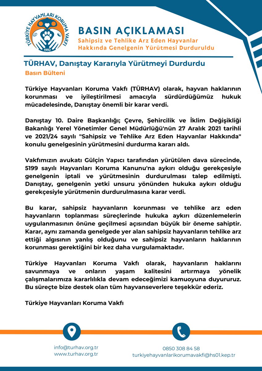 TURHAVorgtr's tweet photo. BASINA ve KAMUOYUNA 

Danıştay 10. Daire Başkanlığı, Çevre, Şehircilik ve İklim Değişikliği Bakanlığı'nın "Sahipsiz ve Tehlike Arz Eden Hayvanlar Hakkında" genelgesinin yürütmesini durdurdu.

🐶🐱🐰

#HayvanHakları #DanıştayKararı #HayvanlarıKoruma #TÜRHAV https://t.co/6Ryi9htzwn