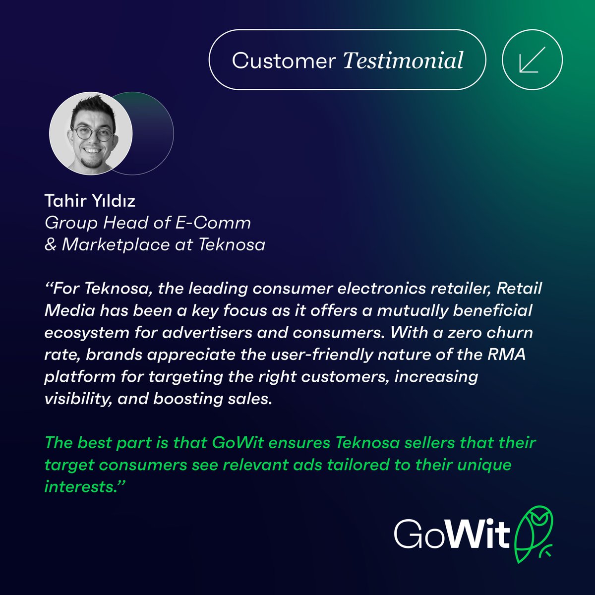 gowit's tweet photo. Starting off our #CustomerTestimonial series with our valued #RetailMedia partner, @Teknosa! 🚀

#CustomerTestimonials #CustomerSuccess #CustomerExperience #GoWitRMA https://t.co/Kf7VlOmI4h