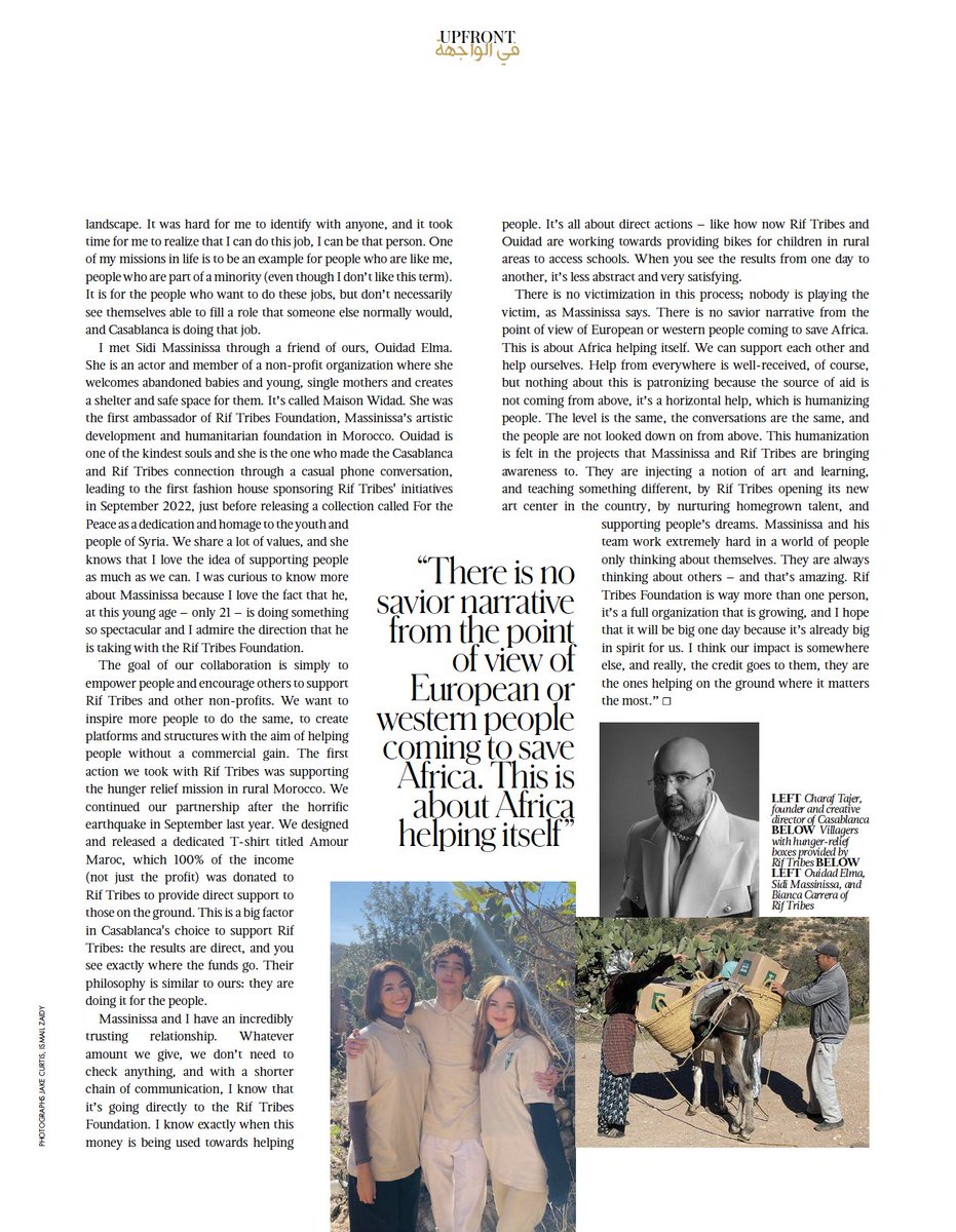 The Rif Tribes Foundation has been featured in <a href="/VogueArabia/">Sarah El Kays</a>'s latest print issue telling the story of Charaf Tajer, Founder and Creative Director of the fashion house Casablanca Paris and Sidi Massinissa, Founder and President of the Foundation.
