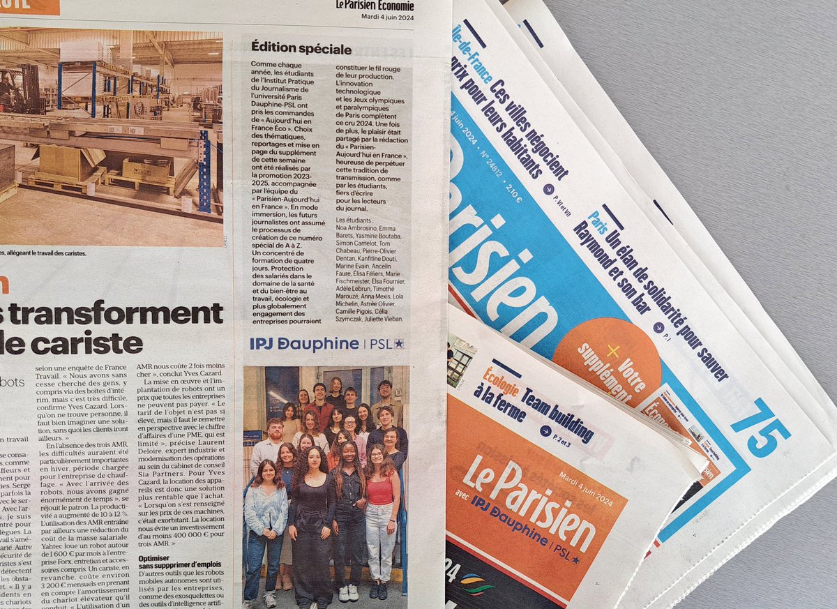 Un grand bravo aux étudiantes et étudiants de la 46e promotion d'IPJ <a href="/Paris_Dauphine/">Université Paris Dauphine - PSL</a> <a href="/psl_univ/">Université PSL</a> qui ont réalisé le supplément économie du @LeParisien. 👏
Pour le découvrir, rendez-vous en kiosques ou sur kiosque.leparisien.fr/data/74430/rea… ! 🗞️