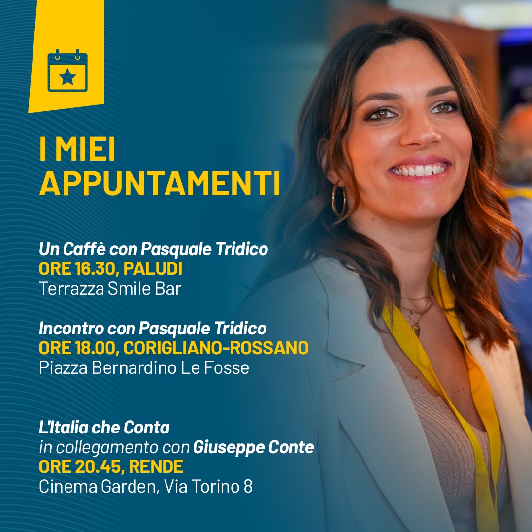 Vittoria Baldino (@baldinovittoria) on Twitter photo I miei appuntamenti di oggi.
Ci vediamo a:
Paludi e Corigliano-Rossano con <a href="/PTridico/">Pasquale Tridico</a> e stasera a Rende in collegamento con noi il Presidente <a href="/GiuseppeConteIT/">Giuseppe Conte</a>.
Vi aspetto!
#LItaliaCheConta I miei appuntamenti di oggi.
Ci vediamo a:
Paludi e Corigliano-Rossano con <a href="/PTridico/">Pasquale Tridico</a> e stasera a Rende in collegamento con noi il Presidente <a href="/GiuseppeConteIT/">Giuseppe Conte</a>.
Vi aspetto!
#LItaliaCheConta