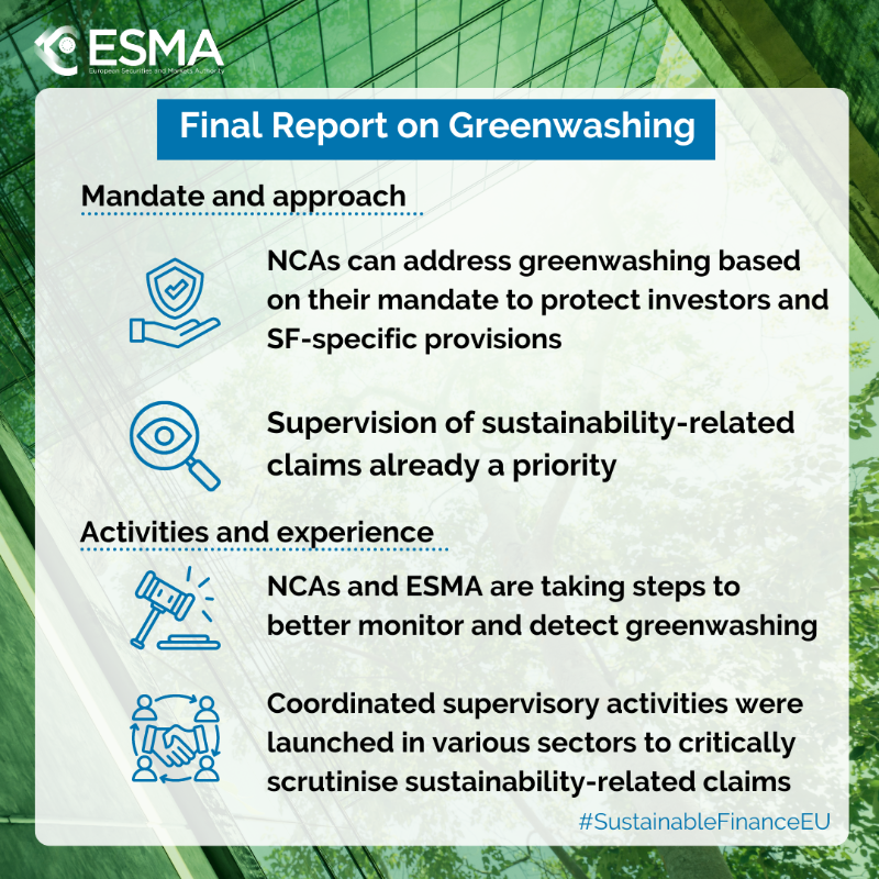 ESMAComms's tweet photo. 🌍 ESAs Final Reports on #Greenwashing are out → https://t.co/GpUrm4u6kd

🥬 supervisory response to greenwashing risks
👁️ view of how sustainability-related supervision can be enhanced
🇪🇺 NCAs – steps 📢 supervision of sustainability-related claim

@EU_Finance @McGuinnessEU