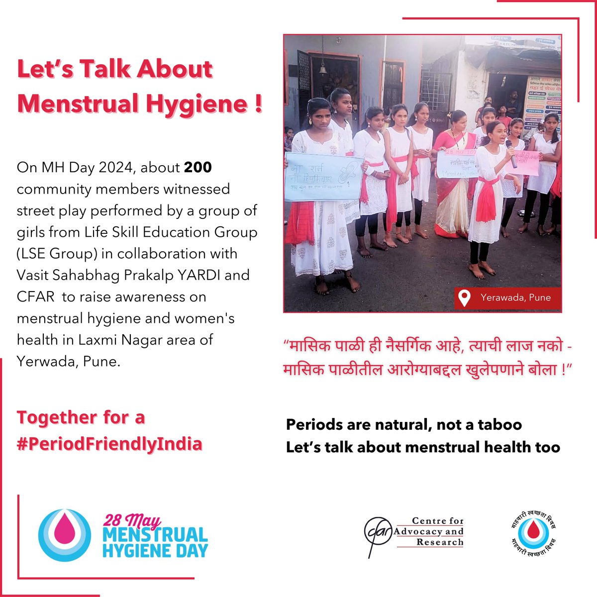CFARngo's tweet photo. MH Day seeks to raise awareness and challenge cultural taboos associated with menstrual health and hygiene. It aims to break the taboo surrounding MHH. Additionally, it calls upon leaders to prioritize and take action on menstrual health and hygiene at the global, national, and local levels in a coordinated manner. On this MH Day 2024, let us pledge and reaffirm our commitment to come  together for creating a #periodfriendlyworldforall

@BakhadeAnand @ShankarG_tweets @KajalB21843
@PMCPune @pcmcindiagovin @divcommpune @collectorpune1 @MahaHealthIEC @DhoPune @KetakiGhadge @UNICEFIndia @Yardi