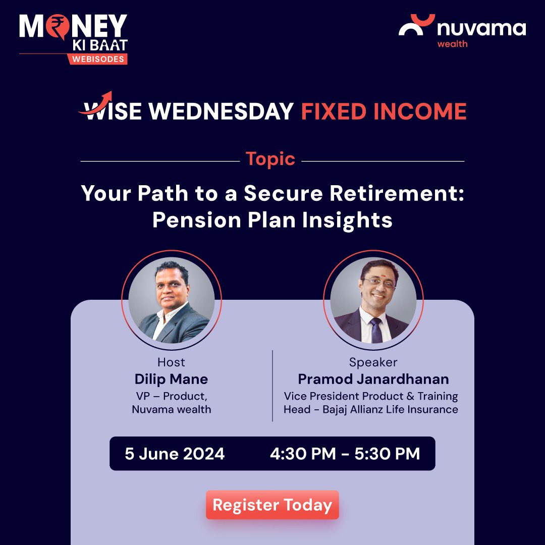 Nuvama_Wealth's tweet image. This week, dive into a series of enlightening #webisodes, featuring Your Path to a Secure Retirement: Pension Plan Insights and How to Optimize Your Investment with a Fixed Income Portfolio.

Register now by clicking the link below:
tinyurl.com/5n6hkra2
.
.
 #Webisodes