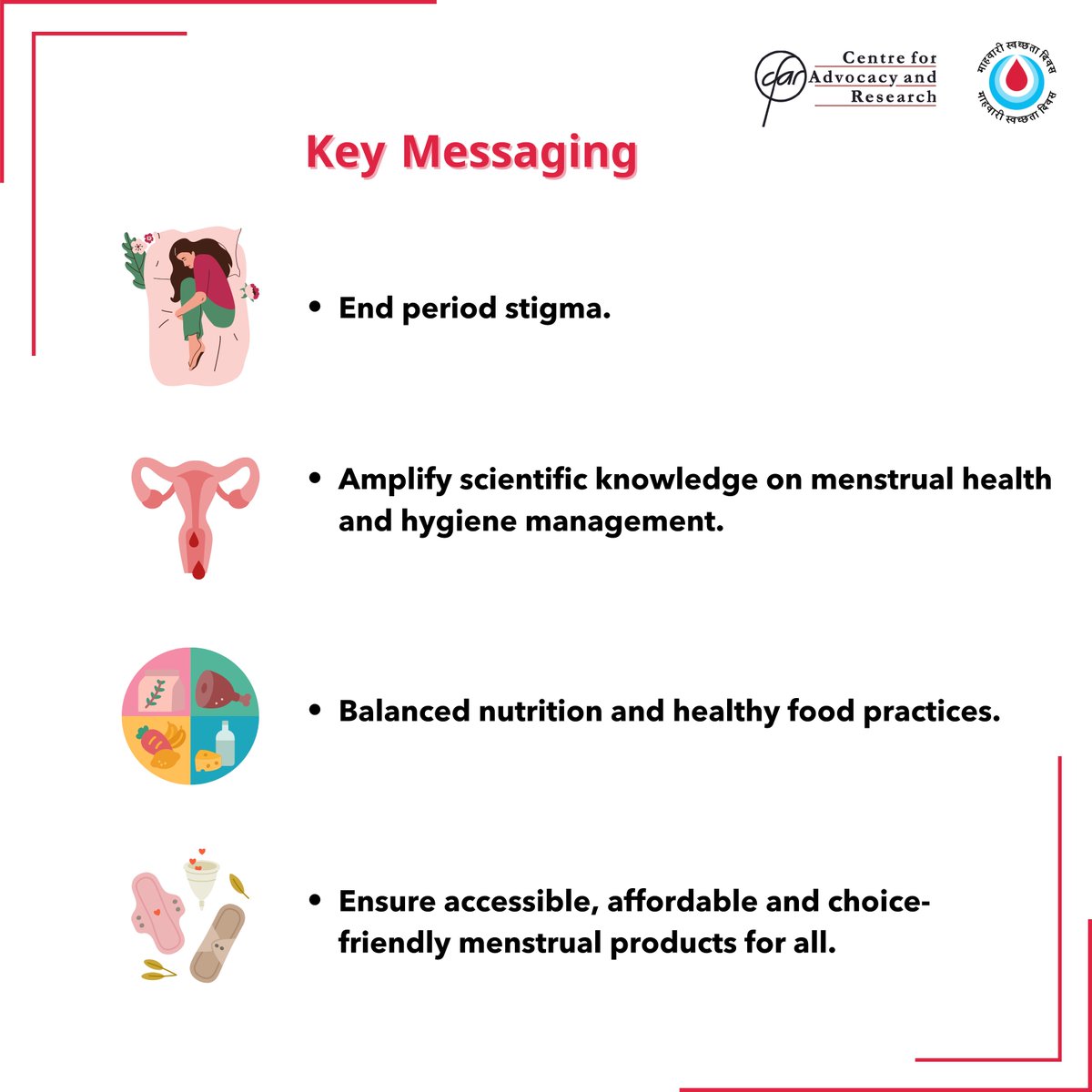 CFARngo's tweet photo. MH Day seeks to raise awareness and challenge cultural taboos associated with menstrual health and hygiene. It aims to break the taboo surrounding MHH. Additionally, it calls upon leaders to prioritize and take action on menstrual health and hygiene at the global, national, and local levels in a coordinated manner. On this MH Day 2024, let us pledge and reaffirm our commitment to come  together for creating a #periodfriendlyworldforall

@BakhadeAnand @ShankarG_tweets @KajalB21843
@PMCPune @pcmcindiagovin @divcommpune @collectorpune1 @MahaHealthIEC @DhoPune @KetakiGhadge @UNICEFIndia @Yardi