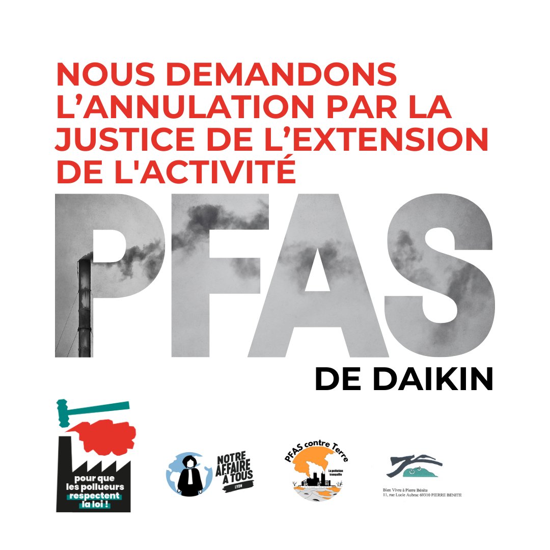 #PFAS 🏭 Nous unissons nos forces avec <a href="/PFAScontreTerre/">PFAS contre Terre</a> et Bien vivre à Pierre-Bénite pour demander l’annulation et la suspension de l’extension de l’activité PFAS de Daikin.
Un recours a été déposé à l’encontre de l’arrêté préfectoral qui laisse l’entreprise étendre son activité