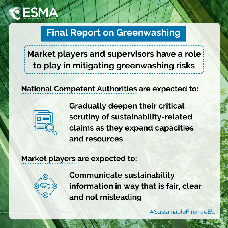 ESMAComms's tweet photo. 🌍 ESAs Final Reports on #Greenwashing are out → https://t.co/GpUrm4u6kd

🥬 supervisory response to greenwashing risks
👁️ view of how sustainability-related supervision can be enhanced
🇪🇺 NCAs – steps 📢 supervision of sustainability-related claim

@EU_Finance @McGuinnessEU