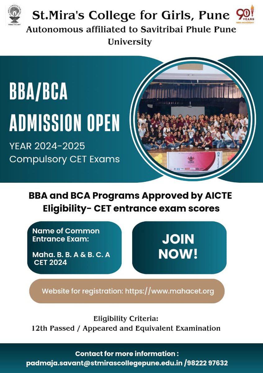 StMirasCollege's tweet photo. St. Mira’s College for Girls, Pune invites applications from students desiring admissions UG  B.A. , https://t.co/LAhALjGfpg, https://t.co/wfZ9wm2ATM(Computer Science), AICTE approved BBA and BCA courses for academic year 2024-2025 w.e.f. 7th Jun. https://t.co/pFNbtECMOv