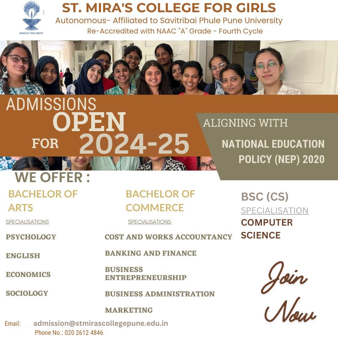 StMirasCollege's tweet photo. St. Mira’s College for Girls, Pune invites applications from students desiring admissions UG  B.A. , https://t.co/LAhALjGfpg, https://t.co/wfZ9wm2ATM(Computer Science), AICTE approved BBA and BCA courses for academic year 2024-2025 w.e.f. 7th Jun. https://t.co/pFNbtECMOv