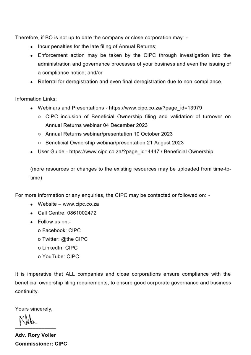 theCIPC's tweet photo. NOTICE: From 1 July 2024, all companies/close corporations must include Beneficial Ownership info with Annual Returns to the CIPC, as mandated by updated anti-money Laundering laws. Failure to comply = no Annual Return filing via CIPC platforms. #CIPCyourbusinessourfocus #BO https://t.co/asIMIvvEVM