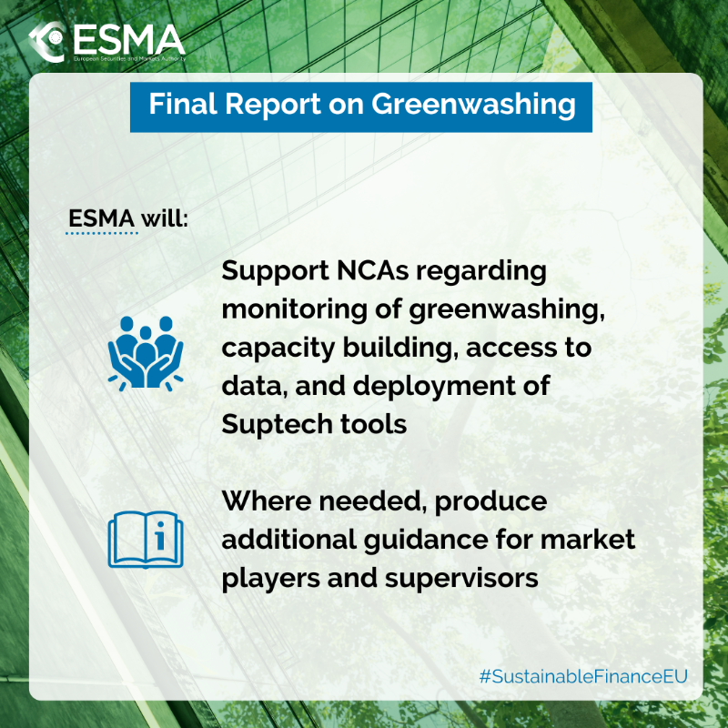 ESMAComms's tweet photo. 🌍 ESAs Final Reports on #Greenwashing are out → https://t.co/GpUrm4u6kd

🥬 supervisory response to greenwashing risks
👁️ view of how sustainability-related supervision can be enhanced
🇪🇺 NCAs – steps 📢 supervision of sustainability-related claim

@EU_Finance @McGuinnessEU