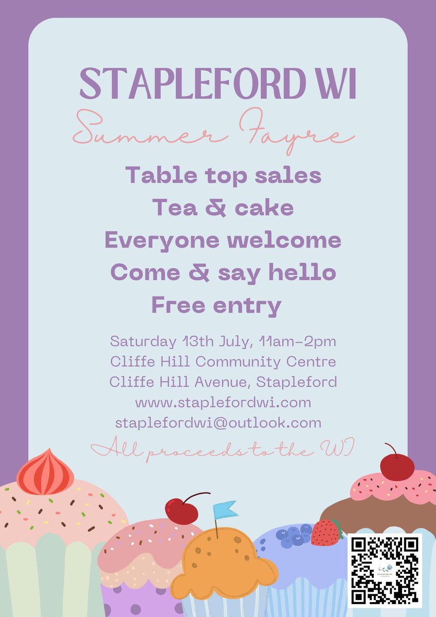 StaplefordWI's tweet photo. Save the date! #cake &amp; #bargains galore at @StaplefordWI’s #summerfayre. Everyone welcome 💚🤍 @NottsFedWI https://t.co/OqcQPlgQ2S