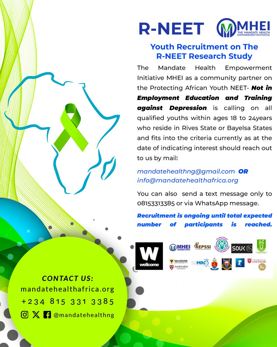 MandateHealthNG's tweet photo. We are live, on R-NEET Youth recruitment; Protecting African Youth not-in Employment, Education &amp; Training against #Depression Research Study Supported by Wellcome Trust 

As Community Partner on this project Mandate Health MHEI  is committed to the resilience, well-being and .. https://t.co/KLjlaYn4lz