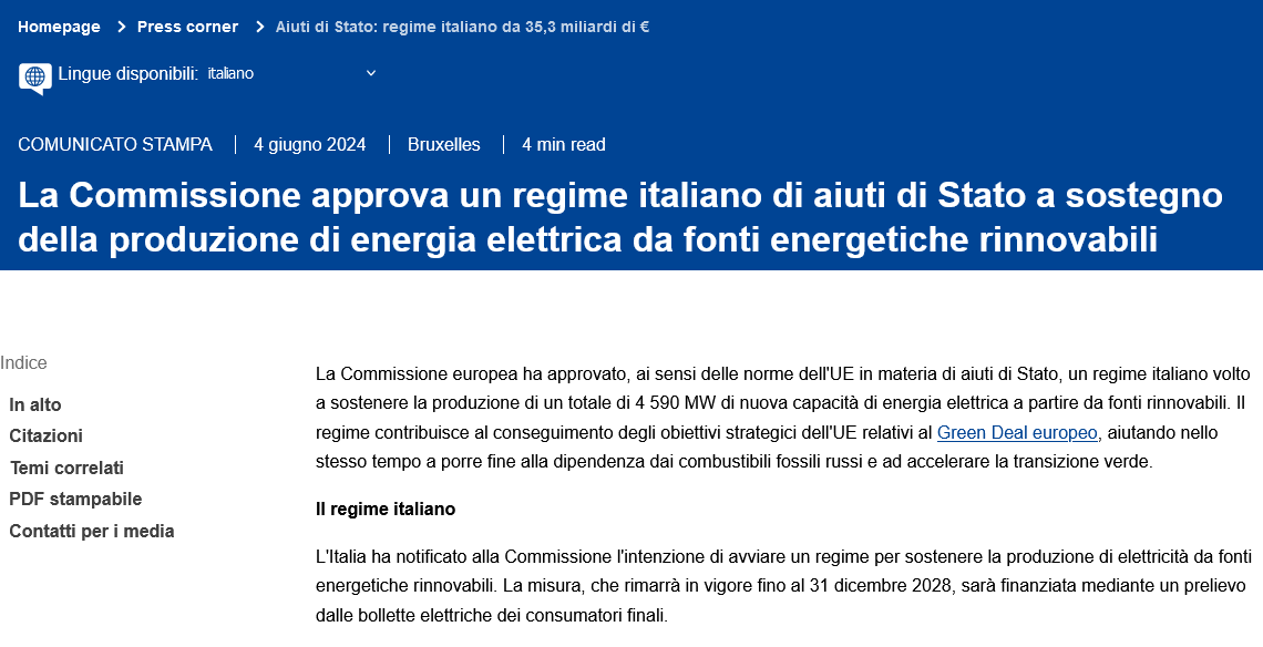 Il governo Meloni imporrà 35,3 miliardi di tasse fino al 2028 per finanziare una parte del Green deal.

La Commissione ha autorizzato lo schema di aiuti di Stato proposto dal governo per le rinnovabili.

"Sarà finanziato attraverso un prelievo incluso nelle bollette elettriche".
