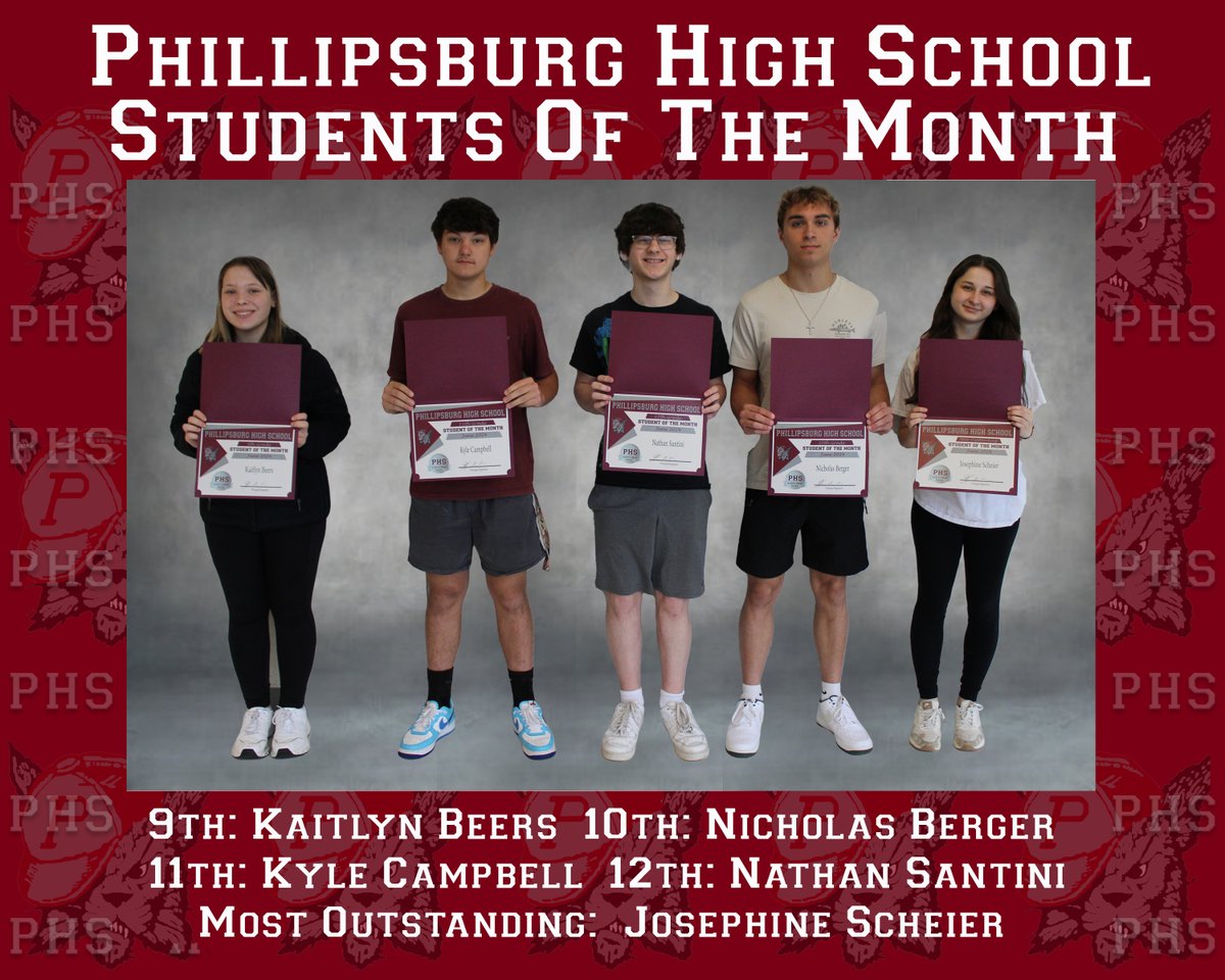 CONGRATULATIONS TO THE PHS STUDENTS OF THE MONTH FOR JUNE!       
9th-KAITLYN BEERS
 10TH-NICHOLAS BERGER
11TH-KYLE CAMPBELL
 12TH-NATHAN SANTINI
  MOST OUTSTANDING-JOSEPHINE SCHEIER
  GREAT JOB!! 👏👏🙌