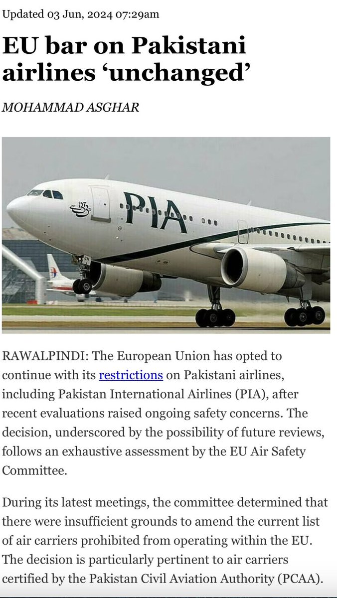 DavidVance's tweet photo. Pakistan's national airline (PIA) is banned from Europe, because it was discovered after a plane crash that substantial numbers of PIA pilots had failed their pilot exam *but* received a pilot license after paying bribes. https://t.co/Ap7PG1Oxuo
