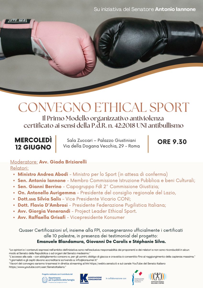 Convegno finale progetto #ethicalsport:
📆Mercoledì 12 giugno ore 9.30
📍Sala Zuccari - Palazzo Giustiniano - Senato della Repubblica - via della Dogana Vecchia n.29 - 00186 (RM).
➡️Per accreditarsi inviare un email a info@konsumer.it