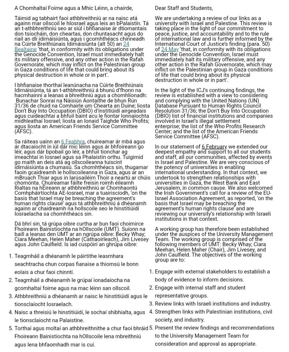 izzyotighearnan's tweet photo. Email sent to all students and staff in University of Galway following on from an agreement back in February that the institution would investigate all ties with Israel &amp; work to strengthen ties with Palestinian universities. A lot of hard work done, much left to do 🇵🇸 https://t.co/jDFPcFr0uE