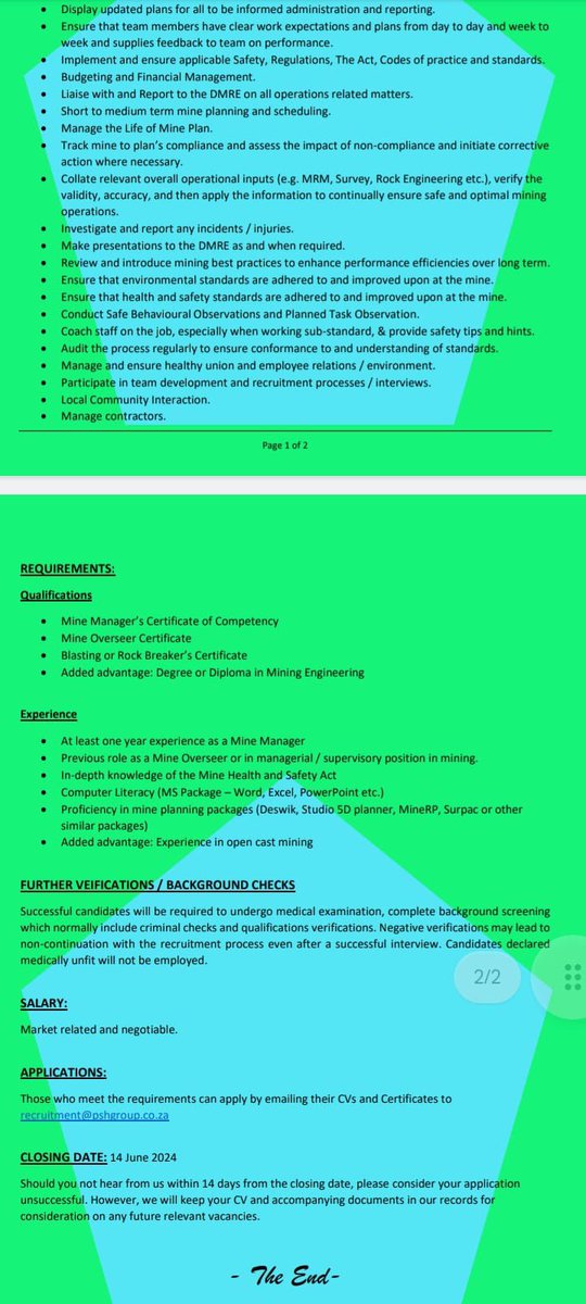 CarolBoitumelo1's tweet photo. Urgently looking for:

1. Mine Manager
2. Engineer
3. Miner (Open Cast)
4. Roads, Earthworks and Civil Foreman
5. Safety Officer
6. Environmental Officer

Send your CVs And Certificates to recruitment@pshgroup.co.za 
Closing Date : 14 June 2024 https://t.co/hyCWzm2KNk