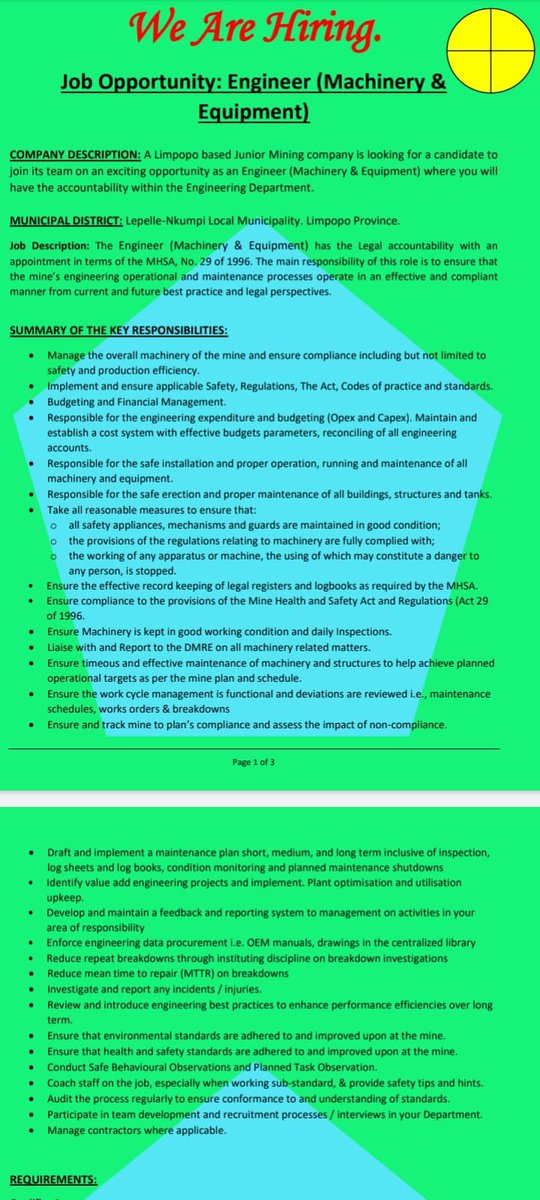 CarolBoitumelo1's tweet photo. Urgently looking for:

1. Mine Manager
2. Engineer
3. Miner (Open Cast)
4. Roads, Earthworks and Civil Foreman
5. Safety Officer
6. Environmental Officer

Send your CVs And Certificates to recruitment@pshgroup.co.za 
Closing Date : 14 June 2024 https://t.co/hyCWzm2KNk