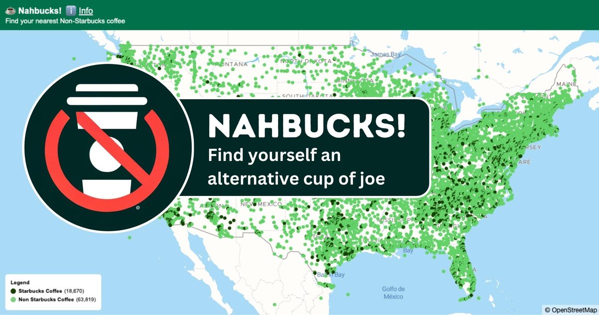 I spent $500 scraping all US coffee shops to create nahbucks•com (a site that lets you boycott Starbucks)

The site got featured in TONS of top tier outlets including Insider, The Hustle, Tasting Table + many more

I'm sharing the entire data set of 64K coffee shops for free. 🧵