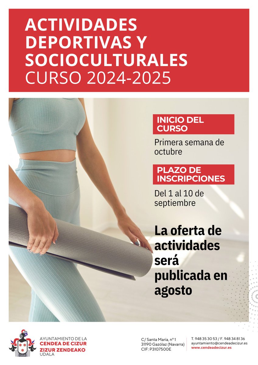 🏋️🎭ACTIVIDADES DEPORTIVAS Y SOCIOCULTURALES CURSO 2024-2025
Desde el Ayuntamiento queremos informaros que la oferta de actividades será publicada en agosto. El plazo de inscripciones será del 1 al 10 de septiembre y el inicio del curso en octubre.