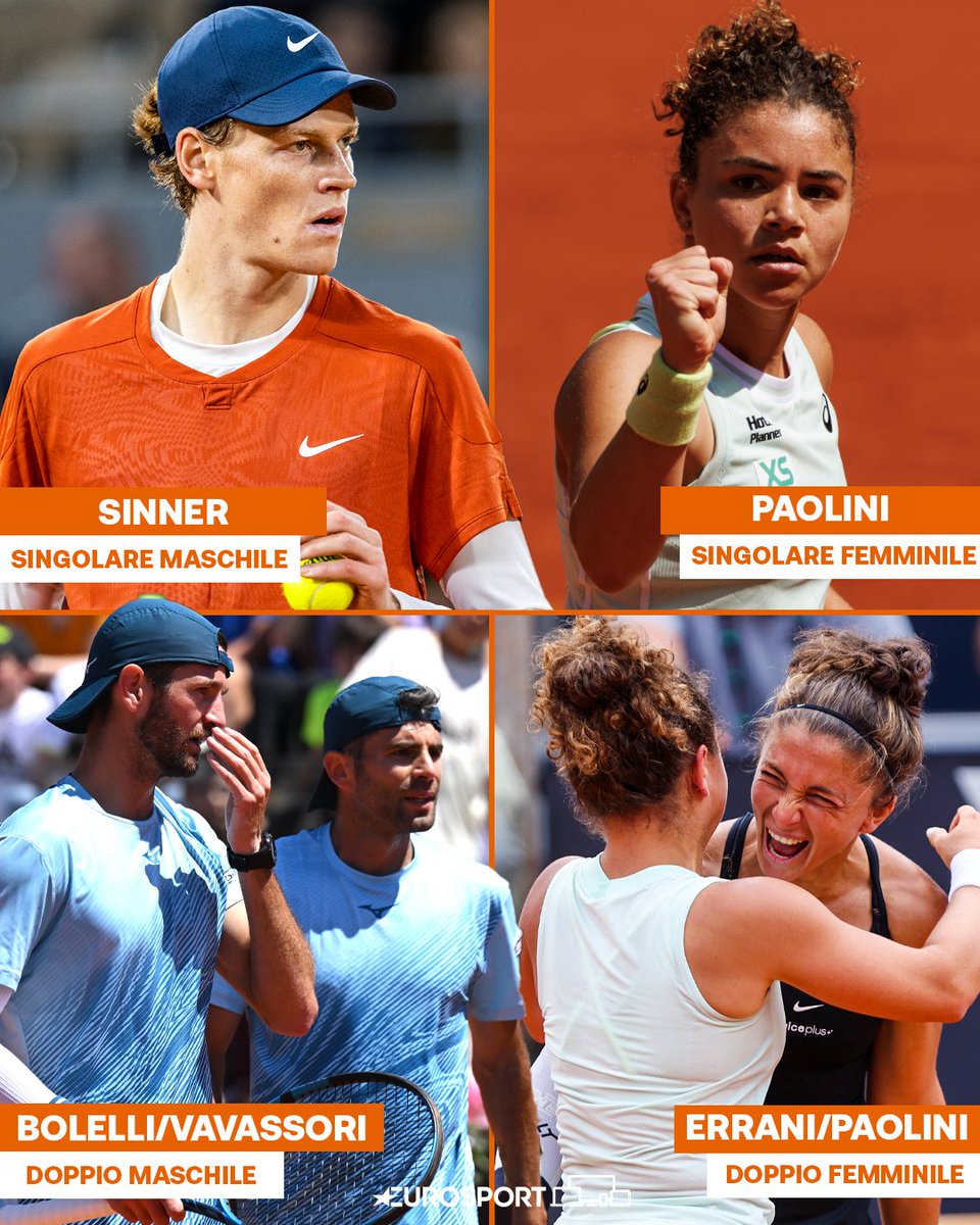 L'Italia è ai quarti di finale in tutti e 4 i tornei del Roland Garros 🙌🎾💙  

🇮🇹 Singolare maschile: Jannik Sinner
🇮🇹 Singolare femminile: Jasmine Paolini
🇮🇹 Doppio maschile: Simone Bolelli e Andrea Vavassori
🇮🇹 Doppio femminile: Sara Errani e Jasmine Paolini

#EurosportTENNIS