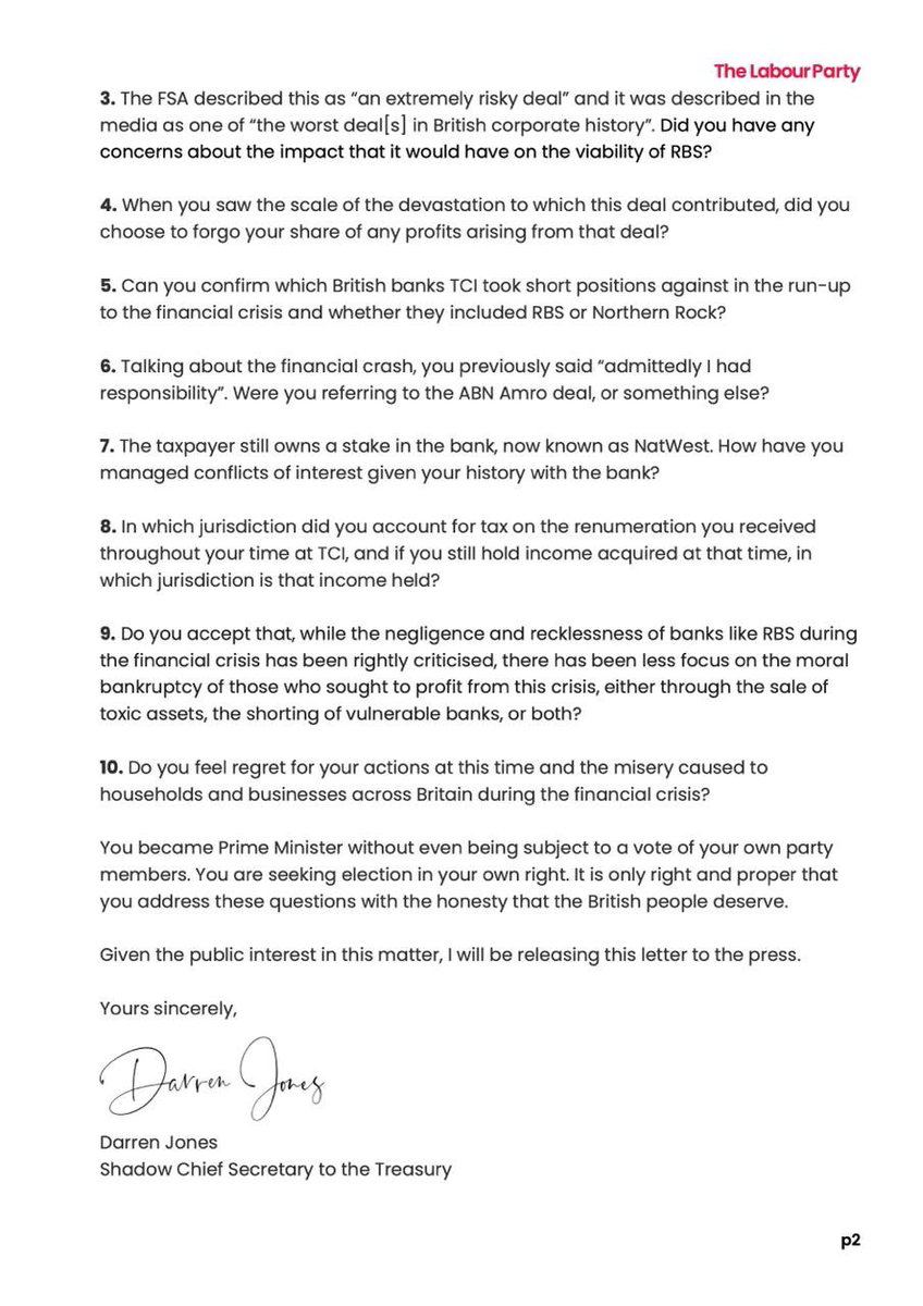 Rishi Sunak has questions to answer about his actions in the run-up to the financial crisis.

The British people deserve to hear the truth.

Labour will never bet against Britain.

My letter to Rishi Sunak 👇