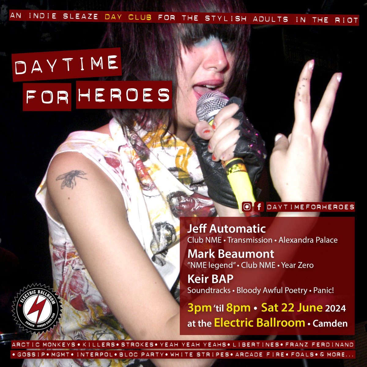 Excited to be DJing the first DAYTIME FOR HEROES on June 22, London’s first major indie sleaze day club with a view from the afternoon! Runs 3pm to 8pm, then the night is yours!  #dayclub #indiesleaze #daytimeforheroes 

electricballroom.co.uk/daytime-for-he…