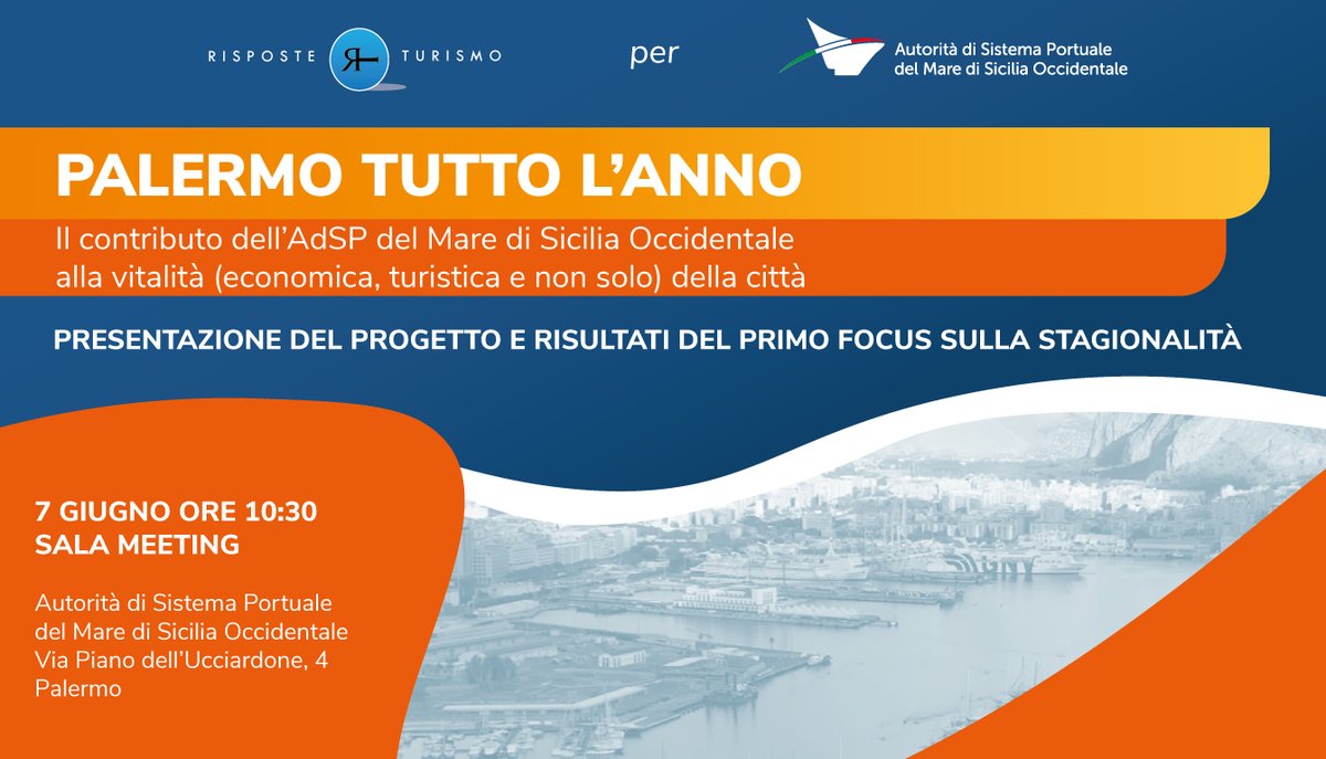 Venerdì 07/06  @RisposteTurismo a #Palermo per presentare il lavoro per @AdSPsiciliaocc sui flussi turistici dal #mare #crociere, #traghetti, #nautica.
Si presentano alcune evidenze su #stagionalità del #turismo #maritime.
Per partecipare all'incontro palermo@risposteturismo.it