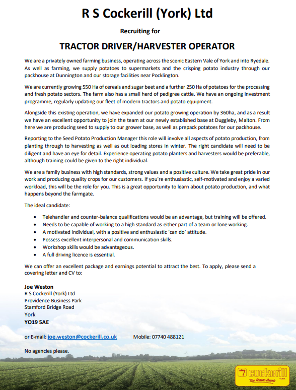 We've got an exciting opportunity to join our team in North and East Yorkshire. Become an integral part of the wider supply chain producing potatoes for our growers, and our fresh and processing customers. If this appeals to you then read on... #potatojobs