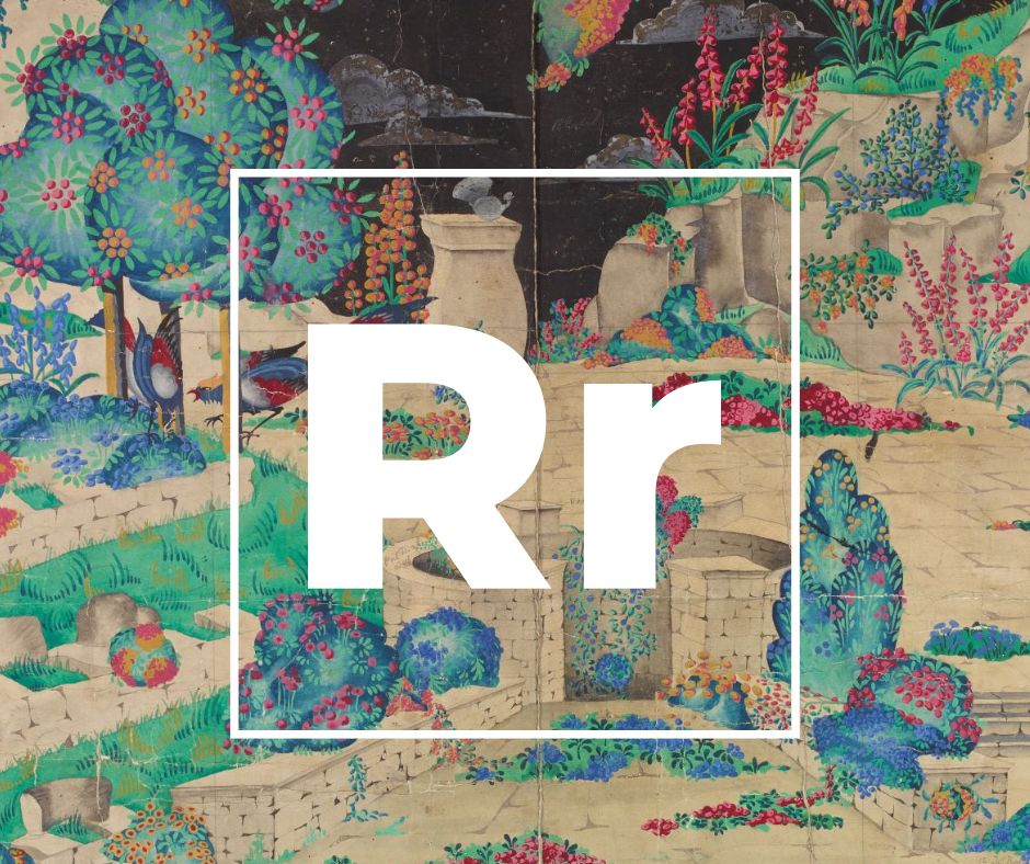 R is for Rock Garden
A hand painted design from 1928 by a currently unknown artist. 
#TextileArchive #TextileHistory #TextileDesign #Interiors #Design