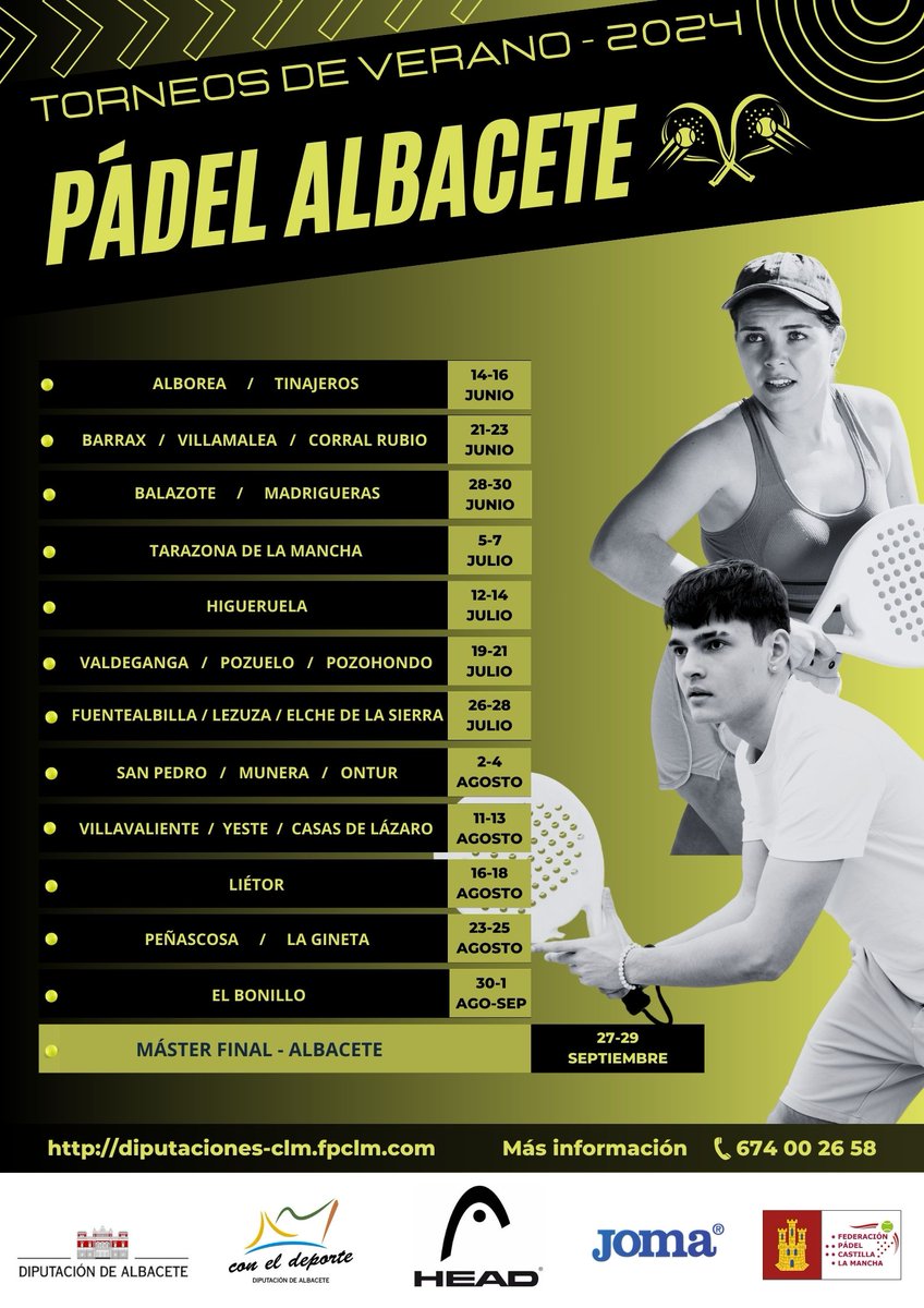Dipualba Deporte (@dipualbadeporte) on Twitter photo 🚩 #Pádel | Ya está aquí la cuarta edición de los Torneos de Verano ‘Pádel Albacete 2024’, organizados por la <a href="/dipualba/">Diputación de Albacete</a>, en colaboración con la <a href="/fpclm/">FED. PADEL CLM</a> y los diferentes ayuntamientos implicados.
👉 ¡En breve se abrirán las inscripciones! 🚩 #Pádel | Ya está aquí la cuarta edición de los Torneos de Verano ‘Pádel Albacete 2024’, organizados por la <a href="/dipualba/">Diputación de Albacete</a>, en colaboración con la <a href="/fpclm/">FED. PADEL CLM</a> y los diferentes ayuntamientos implicados.
👉 ¡En breve se abrirán las inscripciones!