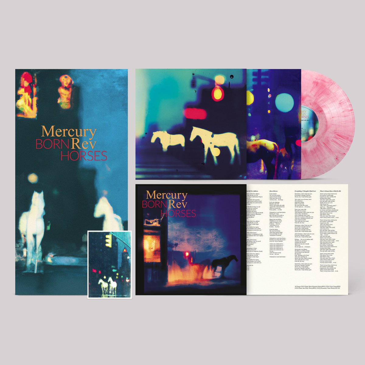 PRE SALE @dinkededition #302 Mercury Rev - 'Born Horses' ● 140g red & white swirl vinyl * ● Alt artwork ‘glow in the dark’ sleeve & pull out poster * ● Signed & hand-numbered postcard * ● 4 page lyric booklet ● Limited pressing of 800 * actionrecords.co.uk/buy/born-horse…
