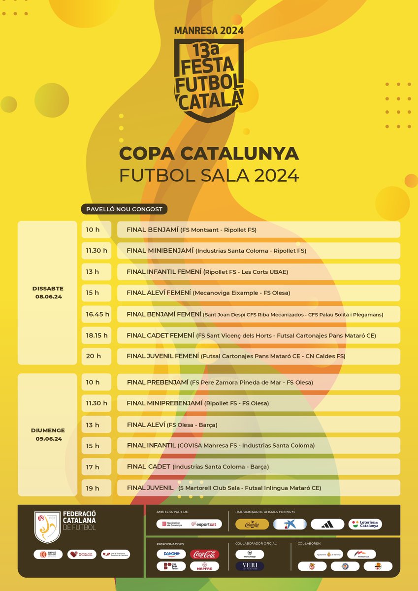 ⚽️ 𝐂𝐚𝐥𝐞𝐧𝐝𝐚𝐫𝐢 𝐝𝐞 𝐩𝐚𝐫𝐭𝐢𝐭𝐬 de la Copa Catalunya de futbol sala 

📍 𝑀𝑎𝑛𝑟𝑒𝑠𝑎
📆 8⃣ i 9⃣ de juny
🏟️ Pavelló Nou Congost
🤩 1⃣3⃣ finals 🏆 

#futbolcat #futbolformatiu #futfem