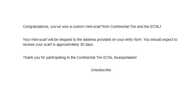 NicolesChoice1's tweet photo. 🥳😍WooHoo!! Thank YOU so much @continentaltire & @TheECNL for the fun news that I won a custom mini-SCARF in your Continental Tire x ECNL Sweepstakes! I look forward to receiving it and "stylin' & profilin'" ! #TheSmartChoiceInTires #extremecontact https://t.co/i0RXJtudmP