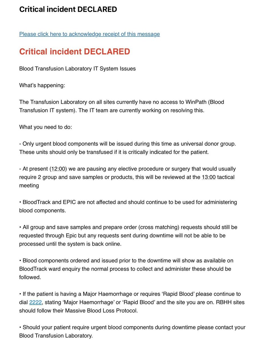 🚨 NEW: Operations across 2 major London hospitals <a href="/GSTTnhs/">Guy's and St Thomas'</a> &amp; <a href="/KingsCollegeNHS/">King's College NHS</a> have been cancelled due to a cyber attack, with all transplant surgery at <a href="/RBandH/">Royal Brompton and Harefield</a> axed. Problem is affecting pathology labs incl blood transfusions. Trauma cases at Kings being sent to other sites: