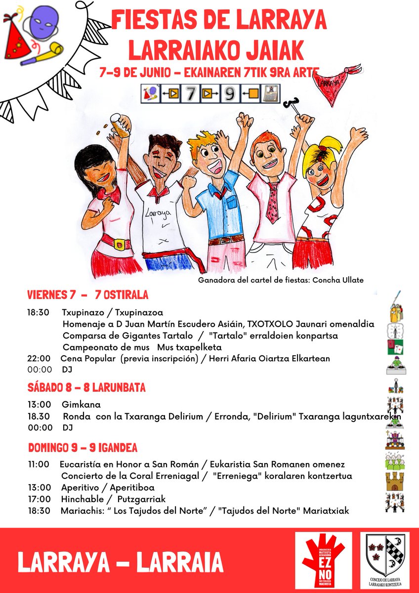 🎊FIESTAS DE LARRAYA 2024
Del viernes 7 al domingo 9, se celebrarán las fiestas de Larraya.
El viernes a las 18:30  con el tradicional txupinazo y comparsa.
El sábado podéis disfrutar de gimkana, Txaranga y DJ.
El Domingo, último día de fiesta los pequeños tendrán hinchable.