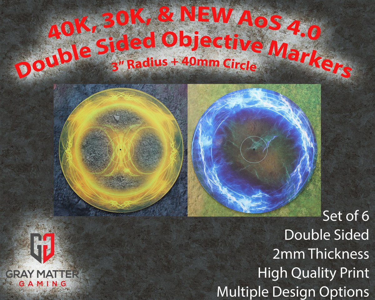 GrayMatterMats's tweet photo. 🚨🚨GIVEAWAY TIME🚨🚨

To celebrate the newest edition of AoS we're giving away a free set of our 🎉 OBJECTIVE MARKERS🎉 every week until launch!

Winner chooses which design they want (set of 8)

Simply like and RT to be entered to win, open globally.

Winner selected Friday! https://t.co/cQGxRuLxzm